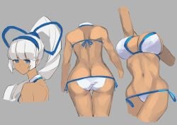 1girls arm_up armpits ass big_breasts bikini blue_eyes breasts bursting_breasts busty butt_crack cleavage coveredcore curvy dark-skinned_female dark_skin expressionless female female_only hair_ribbon highres large_breasts legs long_hair looking_at_viewer majikina_mina multiple_views navel ribbon samurai_shodown side-tie_bikini_bottom snk solo swimsuit themanyoukilled thighs toned voluptuous white_bikini white_hair