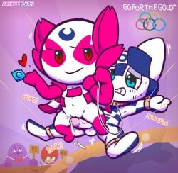 2020_tokyo_olympics arnkleblarn balls being_watched blue_body blue_eyes bodily_fluids bondage bouncing bound chibi collar condom cuff_(restraint) cuffed_ankles cuffed_wrists cum cum_drip dominant dominant_female dripping duo exercise female flat_chested genital_fluids genitals grimace_(mcdonald's) group hanging_by_arms hanging_by_feet hi_res holding_object humanoid judge leash leashed_collar lifted looking_at_another looking_at_viewer male male/female mascot mcdonald's miraitowa motion_lines navel not_furry olympic_mascot olympics penis pink_body presenting pussy red_eyes restraints riding rope sexual_barrier_device short_stack sitting_on_another sitting_on_penis smile smug someity spread_arms spread_legs spreading struggling sweat sweatdrop trampoline vulva white_body wire worried