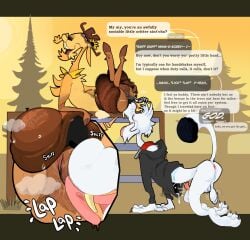 2025 all_fours anthro anus bajableat balls belt bodily_fluids body_hair body_worship bottomless bottomless_male bovid brown_body brown_fur buck_(bajableat) butt_hair butt_sniffing butt_worship caprine closed_eyes clothed clothing collar crossed_legs dialogue duo ejaculation face_in_ass fence fur genitals goat hairy_legs happy_trail hi_res hoodie hooves leg_hair legs_up looking_pleasured male male/male male_rimming_male mammal musk musk_clouds musky_anus musky_balls musky_butt mustelid musteline on_fence outside raised_tail rimming_male saggy_balls skinny sniffing speech_bubble stoat stoaty sweat sweaty_balls sweaty_genitalia tail talking_to_another teeth tongue tongue_out toony topwear true_musteline weasel white_body white_fur yellow_teeth