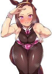 bent_over big_forehead blush breath brown_hair cleavage fishnets hairband hand_on_hip horse_ears horse_girl horse_tail kemonomimi leaning_forward leotard long_hair looking_at_viewer medium_breasts pantyhose pink_eyes ponytail sakura_bakushin_o_(umamusume) smile solo steam sweat thick_thighs thigh_gap toned toned_female umamusume umamusume_pretty_derby wide_hips wrist_cuffs