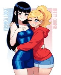 2girls archie_comics betty_and_veronica betty_cooper black_hair blonde_hair character_name hoodie jean_shorts light-skinned_female light_skin nicolasgravelqc short_dress tight_clothing tight_dress veronica_lodge