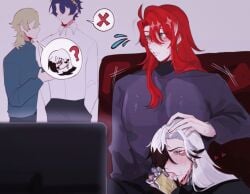 argenti_(honkai:_star_rail) aventurine_(honkai:_star_rail) blonde_hair blowjob blue_eyes boothill_(honkai:_star_rail) cum cyborg dr._ratio_(honkai:_star_rail) gay gray_eyes hidden hidden_sex honkai:_star_rail male male_only motion_lines purple_hair red_hair tagme tv white_hair yaoi