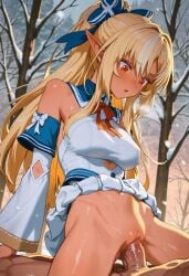 1boy ai_generated bare_shoulders blonde_hair blue_bow blush bow bowtie breasts clothed_female_nude_male clothed_sex clothes_lift cowgirl_position cowgirl_position dark-skinned_female dark_skin detached_collar detached_sleeves dress elf female fluffyhairenjoyer hairbow halterneck high_ponytail hololive long_hair long_sleeves medium_breasts multicolored_hair navel nude open_mouth outdoors penis pointy_ears ponytail pussy red_bow red_eyes sex shiranui_flare sidelocks skirt skirt_lift solo_focus straddling straight streaked_hair sweat tree uncensored vaginal_penetration virtual_youtuber white_dress white_hair white_skirt white_sleeves white_streaks