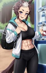 abs backpack big_breasts bra brown_hair cleavage fully_clothed gym_clothes hoodie horse_ears horse_girl kemonomimi leggings looking_at_viewer mejiro_ryan_(umamusume) muscular muscular_female outdoors purple_eyes short_eyebrows short_hair smile sports_bra sportswear stmoon sweatshirt tomboy two_tone_hair umamusume umamusume_pretty_derby vending_machine very_short_hair yoga_pants
