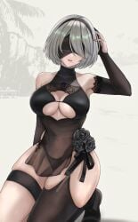 bare_shoulders bikini black_bikini black_gloves black_hairband black_sandals black_thighhighs blindfold breasts cleavage commentary_request elbow_gloves female gloves grey_hair hairband highres large_breasts looking_at_viewer mole mole_under_mouth nier:automata nier_(series) palm_tree parted_lips partially_fingerless_gloves sandals seiza single_thighhigh sitting skindentation solo sunameri_(pixiv3564245) swimsuit thigh_strap thighhighs tree yorha_2b