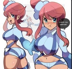 1girls belly_button big_ass big_breasts blue_outfit dark-skinned_female dark_skin female female_focus female_only looking_at_viewer pokemon pokemon_bw pout pouting pouty_lips puffed_cheeks red_hair reference_image short_shorts shorts skyla_(pokemon) solo thick_thighs touyarokii