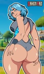 1girls 2025 2d ass ass_grab big_ass big_butt big_thighs blue_hair daken_art(artist) daken_henderson(artist) epic_games female fortnite fortnite:_battle_royale grey_swimsuit lightrider_(fortnite) looking_at_viewer naked_female shiny_skin short_hair smiley_face swimsuit thick_thighs thighs