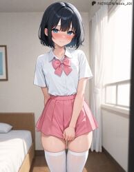 ai_generated black_hair blue_eyes blush crossdressing femboy pink_skirt ribbon shirt shy skirt thighhighs