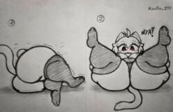 ahoge areolae big_ass big_thighs breasts breasts cat_ears cat_girl cat_tail eyelashes fat_ass greyscale huge_ass huge_breasts monochrome neco-arc neco_spirit nipples open_legs pencil_(artwork) pussy rand0m_293 red_eyes short_hair shortstack stockings thick_thighs tremble
