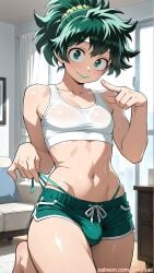 ai_generated blush boku_no_hero_academia bulge crop_top deku femboy femboy_only green_eyes green_hair izuku_midoriya kinkyfuel lipstick living_room male my_hero_academia ponytail pulled_strap shorts solo tank_top thong