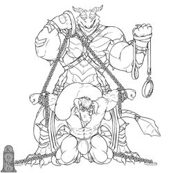 2016 anthro balls biceps big_balls big_bulge big_muscles big_penis bondage bound bulge chains clothing collar dragon duo harness huge_balls hyper hyper_balls hyper_penis kenshiki666 kobold male muscular muscular_male pecs penis scalie simple_background size_difference smile standing straps underwear white_background wings yaoi