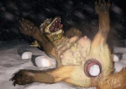 1girls anatomically_correct anatomically_correct_genitalia anatomically_correct_vulva animal_genitalia animal_vulva bodily_fluids canid canine canine_genitalia canine_vulva egg egg_laying el_kyze female female_only feral fox genitals hi_res mammal night nipples pain simple_background snow snowfield snowflake solo spyer_fox tongue tongue_out vaginal_tugging vulva