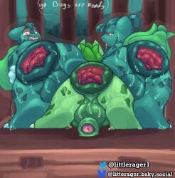 anthro anus ass big_anus big_butt bodily_fluids bottomless bulbasaur cage clothed clothing crying freckled_butt freckled_face freckles gaping gaping_anus generation_1_pokemon genitals group hi_res huge_anus huge_butt hyper hyper_anus hyper_genitalia littlerager male male/male nintendo pokemon pokemon_(species) puffy_anus sweat sweaty_butt tears trio