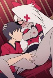ai_generated angel anus blush breast_sucking breasts clothed clothing detailed_background duo faceless_male female grey_body hair hazbin_hotel human lactation male male/female masturbation nipples partially_clothed pleasure_face pussy pussy_juice straight sweat thick_thighs vaggie_(hazbin_hotel) vaginal_masturbation white_hair