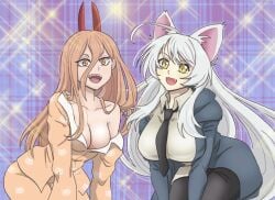2girls animal_ears animal_print bakemonogatari bakeneko black_hanekawa black_necktie blue_jacket breasts cat_ears cat_girl cat_print chainsaw_man cleavage commentary cosplay costume_switch cross-shaped_pupils crossover demon_girl demon_horns fangs grey_shirt hair_between_eyes hanekawa_tsubasa hanekawa_tsubasa_(cosplay) horns jacket large_breasts long_hair looking_at_viewer medium_breasts monogatari_(series) multiple_girls necktie open_mouth orange_eyes orange_hair orange_pajamas pajamas power_(chainsaw_man) power_(chainsaw_man)_(cosplay) print_pajamas red_horns sharp_teeth shirt slit_pupils smile symbol-only_commentary symbol-shaped_pupils symmetry teeth very_long_hair white_hair yellow_eyes yui_(jisatsu)