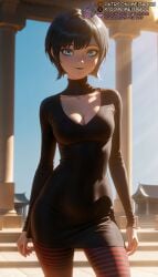 1girls ai_generated architecture black_dress black_hair black_lips blue_eyes blue_sky breasts cleavage cleavage_cutout clothing_cutout collarbone contrapposto covered_navel cowboy_shot day dress eyeshadow hotel_transylvania light_rays lipstick long_sleeves looking_at_viewer makeup medium_breasts meitabuu outdoors pantyhose pencil_dress pillar red_pantyhose shade short_dress short_hair sky smile solo standing striped_clothes striped_pantyhose sunlight taut_clothes taut_dress tight_clothes tight_dressmavis_dracula turtleneck turtleneck_dress