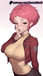 1girls 2025 aelita_schaeffer ai_generated artist_name big_breasts big_breasts big_chest blush breasts breasts breasts bust busty chest code_lyoko earrings electroworld female gradient gradient_background half-closed_eyes hi_res high_quality high_resolution highres jacket jewelry large_breasts patreon patreon_username pink_hair ribbed_sweater short_hair solo stable_diffusion sweater tongue watermark