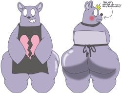2025 anthro apron apron_only ass baku_(sanrio) big_butt blush broken_heart bubble_butt clothing colored digital_drawing_(artwork) digital_media_(artwork) embarrased_horny embarrassed embarrassed_male english_text flustered fur glistening glistening_butt hi_res hjtheartist humanoid male mammal onegai_my_melody purple_body purple_fur rear_view sanrio shaded small_tail solo tail tapir text white_eyes wide_hips widescreen