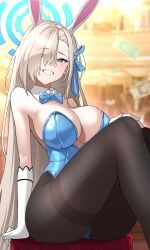 1girls absurdres animal_ears asuna_(blue_archive) asuna_(bunny)_(blue_archive) bare_shoulders black_pantyhose blue_archive blue_bow blue_bowtie blue_eyes blue_halo blue_leotard blue_ribbon blush bow bowtie breasts cleavage commentary detached_collar dori_(choejeongmin7) fake_animal_ears feet_out_of_frame female gloves grin hair_over_one_eye hair_ribbon halo highres large_breasts leotard light_brown_hair long_hair looking_at_viewer official_alternate_costume pantyhose rabbit_ears ribbon sitting smile solo strapless strapless_leotard thick_thighs thighs white_gloves
