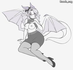 2019 5_fingers absurd_res accessory anthro areola aria_(zkelle) biped bottomwear bow_(feature) bow_accessory bow_ribbon breasts clothed clothing clothing_lift digital_media_(artwork) dragon ear_piercing eyebrows eyewear female fingers flashing footwear furgonomics glasses hair_accessory hair_ribbon hairbow hi_res high_heels horn legwear long_hair long_tail looking_at_viewer membrane_(anatomy) membranous_wings monochrome mythological_creature mythological_scalie mythology nipples non-mammal_breasts non-mammal_nipples pantyhose piercing plantigrade pumps reptile ribbons scalie shirt shirt_lift shoes simple_background skirt smaller_version_at_source solo tail tail_through_skirt thick_tail topwear white_background wings zeekzag