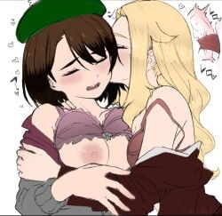 2girls blonde_hair bra breasts_out brown_hair closed_eyes gloria_(pokemon) lass_(pokemon) licking licking_ear npc_trainer open_mouth pokemon pokemon_ss tongue tongue_in_ear u-doku