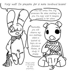 anthro anus blush bow_tie clothing clothing_lift dialogue dress dress_lift english_text female jewelry lagomorph looking_at_viewer male mammal mr._bun-bun mrs._pig necklace penis pig plushie porcine pubes pussy rabbit smile text the_weaver toybox_pals