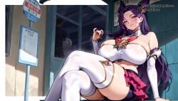 1boy ai_generated bare_shoulders bike_shorts bike_shorts_under_skirt black_shorts breasts brooch cleavage cone_hair_bun crossed_legs detached_collar detached_sleeves double_bun earrings facial_mark feet_out_of_frame female frilled_skirt hair_bun hair_ornament huge_breasts jewelry kai&#039;sa league_of_legends league_of_legends:_wild_rift long_hair looking_at_viewer magical_girl mykibuu parted_bangs parted_lips pink_skirt playing_with_own_hair purple_eyes purple_hair riot_games shirt shorts shorts_under_skirt sign sitting skindentation skirt smile solo_focus star_guardian_(league_of_legends) strapless thick_thighs thighhighs thighs whisker_markings white_thighhighs