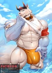 abs anthro areola barazoku beach big_bulge big_muscles black_nose bulge canid canine canis clothed clothing clothing_lift collar facial_tuft fenwick_art genitals hi_res horn huge_bulge huge_muscles huge_thighs kumoyama male mammal manly muscles muscular muscular_anthro muscular_arms muscular_legs muscular_male muscular_thighs navel nipples orange_clothing orange_thong orange_underwear partially_clothed penis seductive shirt shirt_lift solo thick_arms thick_penis thick_thighs thong topwear tuft underwear water wet wet_clothing wet_shirt wet_topwear wolf xxl_woofia
