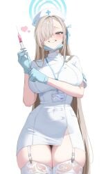 1girls absurdres asuna_(blue_archive) blonde_hair blue_archive blue_halo breast_press breasts cowboy_shot dori_(choejeongmin7) female garter_straps gloves grin halo hat highres large_breasts nurse nurse_cap simple_background smile solo teeth thick_thighs thighhighs thighs white_background white_garter_straps white_thighhighs
