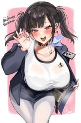 1girls absurdres asymmetrical_bangs black_bra black_choker black_hair black_jacket black_skirt blunt_bangs bra bra_visible_through_clothes breasts choker collarbone fellatio_gesture female goddess_of_victory:_nikke highres id_card jacket large_breasts long_hair long_sleeves looking_at_viewer miniskirt oerba_yun_fang open_clothes open_mouth oral_invitation pantyhose pencil_skirt red_eyes shirt simple_background skirt smile sora_(nikke) teeth tongue tongue_out twintails underwear upper_teeth_only usada_mimiz white_background white_pantyhose white_shirt wireless_earphones