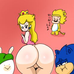 1:1 2021 3_toes anthro ass big_butt black_eyebrows black_eyes black_nose blue_body blue_ear_piercing blue_eyes blue_fur blush bodily_fluids bottomless bottomless_female bottomless_human bowser's_fury breasts closed_smile clothed clothed_anthro clothed_female clothing colored crossover crown digital_drawing_(artwork) digital_media_(artwork) dot_eyes ear_piercing eulipotyphlan eyebrows eyelashes feet female female_human fist fur gem genitals giga_cat_mario gradient_background green_clothing green_hat green_headwear group hair half-closed_eyes hat headgear headwear hedgehog huge_butt human japanese_description japanese_text lagomorph light lighting long_ears long_hair looking_at_another looking_at_own_butt looking_at_viewer male male_anthro male_human mammal mario mario_(series) mario_plus_rabbids_kingdom_battle mouth_closed multicolored_body narrowed_eyes nintendo noseless osirisky piercing pink_clothing pink_shirt pink_tank_top pink_topwear princess princess_peach rabbid rabbid_luigi raving_rabbids rayman_(series) red_background royalty ruby_(gem) sapphire_(gem) sega shaded shirt simple_background simple_eyes smile smiling_at_viewer smug_face sonic_the_hedgehog sonic_the_hedgehog_(series) sweat sweatdrop tail tan_body tan_inner_ear tan_skin tank_top text thin_eyebrows toes topwear translation_request two_tone_body ubisoft vulva white_body white_fur yellow_outfit yellow_tail