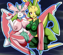 2girls arthropod clitoris detailed_background female female_only flora_fauna green_areola green_body green_nipples leavanny lurantis multiple_girls navel nintendo nipples pink_areola pink_body pink_eyes pink_nipples plant pokemon pokemon_sm pussy red_body red_eyes video_games wetfox white_body yellow_body