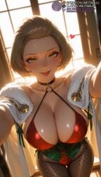 1girls :p ai_generated backlighting bikini black_choker black_corsetmanuela_casagranda black_pantyhose blush breasts brown_eyes brown_hair cape choker cleavage collarbone corset earrings eyeshadow female fire_emblem fire_emblem:_three_ho fire_emblem_heroes fishnet_pantyhose fishnets forehead fur-trimmed_cape fur-trimmed_coat fur_trim hair_slicked_back heart indoors jewelry large_breasts leotard looking_at_viewer makeup mature_female meitabuu mole mole_on_breast mole_under_eye o-ring outstretched_arms pantyhose patreon_username pov red_leotard short_hair smile solo swimsuit thigh_gap thighs tongue tongue_out white_cape white_coat window