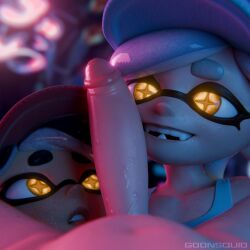 1boy 2girls 3d big_penis callie_(splatoon) dick female glowing_eyes goonsquid male marie_(splatoon) penis penis_on_face pov pov_eye_contact smile_at_viewer splatoon squid squid_sisters sweat sweating yellow_eyes