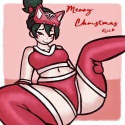 1girls asian asian_female brown_eyes christmas christmas_clothing christmas_outfit clothed diddlesdoodles facepaint female gloves green_hair hair_tied_up headwear holding_leg kiriko_(overwatch) legs_apart one_leg_raised overwatch overwatch_2 thigh_highs thighhighs