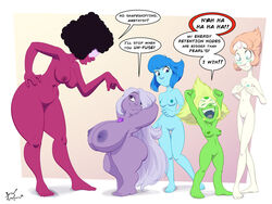 2016 alien amethyst_(steven_universe) areola big_ass breasts cartoon_network casual comparing_breasts dialogue english_text erect_nipples female female_only garnet_(steven_universe) gem_(species) gem_fusion huge_breasts humanoid jklind lapis_lazuli_(steven_universe) large_breasts navel nipples nude pale_skin pearl_(steven_universe) peridot_(steven_universe) pussy shortstack smooth_skin steven_universe text