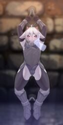 absurd_res anthro armor armwear balls blush bodily_fluids bondage bondage bound bovid bulge caprine chained chains clothing collar cuff_(restraint) cum cum_in_clothing cum_through_clothing disembodied_hand femboy fur genital_fluids genitals ghost_hand gloves goat hair handcuffs handwear heart_symbol hi_res horn knight legwear male mammal metal_cuffs penis purple_eyes restraints shudayuda smile smiling_at_viewer solo stockings warrior wet wet_clothing white_body white_fur white_hair
