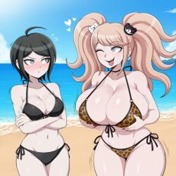 ai_generated beach big_breasts bikini black_bikini blush bouncing_breasts crossed_arms danganronpa danganronpa:_trigger_happy_havoc floating_heart grabbing_breasts grabbing_own_breasts heavy_breasts holding_own_breasts huge_breasts junko_enoshima large_breasts leopard_print leopard_print_bikini looking_at_another motion_lines mukuro_ikusaba n.c.b_ai pout pouting stable_diffusion teasing thick_thighs tongue wide_hips wink