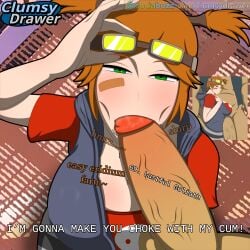 1boy 1girls artist_logo background bandaid bandaid_on_face big_penis blowjob blowjob_face blush borderlands borderlands_2 breasts brown_hair clothing clumsydrawer dialogue english_language english_text erect_penis eyewear eyewear_on_head fellatio fellatio_face female gaige_(borderlands) goggles goggles_on_head goliath_(borderlands) green_eyes hood hoodie huge_breasts in-game_background large_breasts looking_at_viewer male outdoor_nudity outdoors penis saliva saliva_on_penis self_upload short_hair sleeveless_hoodie solo_focus straight text twintails url video_game video_game_character web_address
