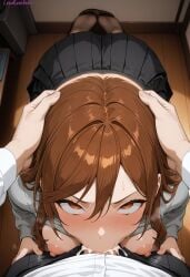 1boy 1girls absurd_res ai_generated big_breasts blowjob blowjob_face blush blush_lines breasts breasts_out brown_eyes brown_hair cum cum_drip cum_dripping cum_dripping_down_chin cum_in_mouth cum_inside cumdrip cumshot curvy curvy_figure deep_blowjob deep_penetration deep_skin deep_throat deepthroat feet female from_above head_grab high_resolution highres hori_kyouko horimiya irrumatio kneeling lewdcreationsai light-skinned_female light_skin male nipples pov sexually_suggestive skirt socks stable_diffusion steam steaming_body steamy_breath sweat sweatdrop sweater sweater_vest sweating sweaty tagme thick thick_legs thick_thighs thighs white_shirt