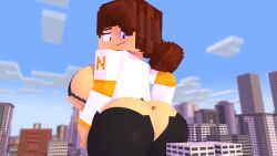1girls ass ass_bigger_than_head big_ass bra breasts brown_hair car city clothed_female clothing cloud clouds cubanapple female female_focus giantess huge_ass huge_breasts macro macro_female minecraft natalie_(cubanapple) pink_eyes vehicle voluptuous voluptuous_female