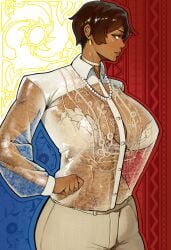 1girls beauty_mark beuto big_breasts breasts brown_eyes brown_hair business_attire button_down_shirt dark-skinned_female dark_skin filipino_female filipino_flag hand_on_hip huge_breasts mole mole_under_mouth original original_character pearl_necklace see-through see-through_clothing see-through_top short_hair side_view solo solo_female toned toned_female view_from_the_side
