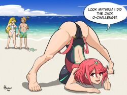 ass barefoot beach blonde_hair breath_of_the_wild dated day female jack-o_pose link link_(breath_of_the_wild) mythra ocean one-piece_swimsuit open_mouth pyra red_hair short_hair swimsuit the_legend_of_zelda xenoblade_(series) xenoblade_chronicles_2