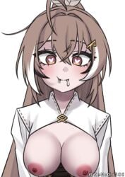 black_streaks breasts breasts_out brown_eyes brown_hair cum cum_in_mouth female heart heart-shaped_pupils high_ponytail highres hololive hololive_english long_hair looking_at_viewer medium_breasts multicolored_hair nanashi_mumei nanashi_mumei_(1st_costume) nipples ponytail shirt solo symbol-shaped_pupils virtual_youtuber white_shirt white_streaks zenox5300