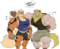 after_exercise akachionmain anthro arcanine athletic_wear beard big_bulge big_muscles blonde_hair bottle bottomwear bulge bulge_size_difference canid canine clothing container duo facial_hair felid fluffy fluffy_tail fur generation_1_pokemon gym_bottomwear gym_shorts hair hi_res huge_bulge huge_muscles hyper hyper_bulge lion male male/male mammal muscular muscular_anthro muscular_male nintendo orange_body orange_fur pantherine pokemon pokemon_(species) shirt shorts tail tank_top topwear water_bottle