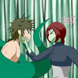 1boy 1girls aggressive aggressive_female assertive assertive_female bite bite_mark bite_mark_on_shoulder bite_marks clothed_female_nude_male coiled_up dominant dominant_female domination face_grab femdom grabbing grabbing_face green_hair green_skin lamia naga original_character original_characters projectsubby red_hair restrained snake snake_bite snake_girl snake_tail spiky_hair squished_cheeks wrapped_up