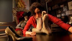 2girls 3d alcina_dimitrescu big_breasts busty claire_redfield drooling feet feet_worship female/female female_only foot_worship good_girl hat high_heels pale-skinned_female resident_evil resident_evil_2 resident_evil_8:_village sitting_on_chair sucking sucking_feet sucking_toes