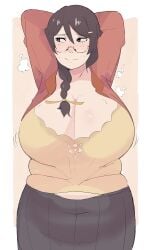 absurdres arms_up black_hair black_skirt blush braid breasts cleavage fat fat_woman female glasses hanekawa_tsubasa highres huge_breasts large_breasts long_hair monogatari_(series) naoetsu_high_school_uniform napolitane navel nervous_smile open_clothes open_shirt pink_shirt plump school_uniform semi-rimless_eyewear shirt simple_background skirt smile solo steam sweat sweaty_clothes twin_braids under-rim_eyewear