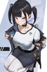 1girls asymmetrical_bangs big_breasts black_choker black_hair blue_skirt blush breasts choker closed_mouth collarbone earrings female goddess_of_victory:_nikke highres jacket jewelry large_breasts long_hair long_sleeves looking_at_viewer noirnib open_clothes pantyhose pencil_skirt red_eyes shirt skirt smile solo sora_(nikke) twintails white_pantyhose white_shirt