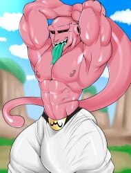 balls bara big_balls big_penis bulge dragon_ball dragon_ball_z flaccid hands_behind_head huge_cock majin_buu male male_only muscles muscular penis pink_body shirtless solo solo_male super_buu tongue_out tsukielewds
